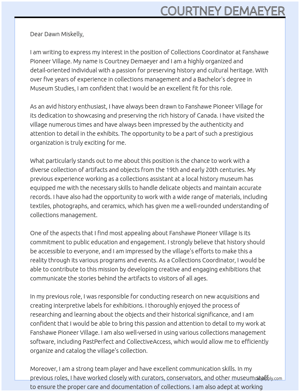 Collections Coordinator At Fanshawe Pioneer Village Cover Letter