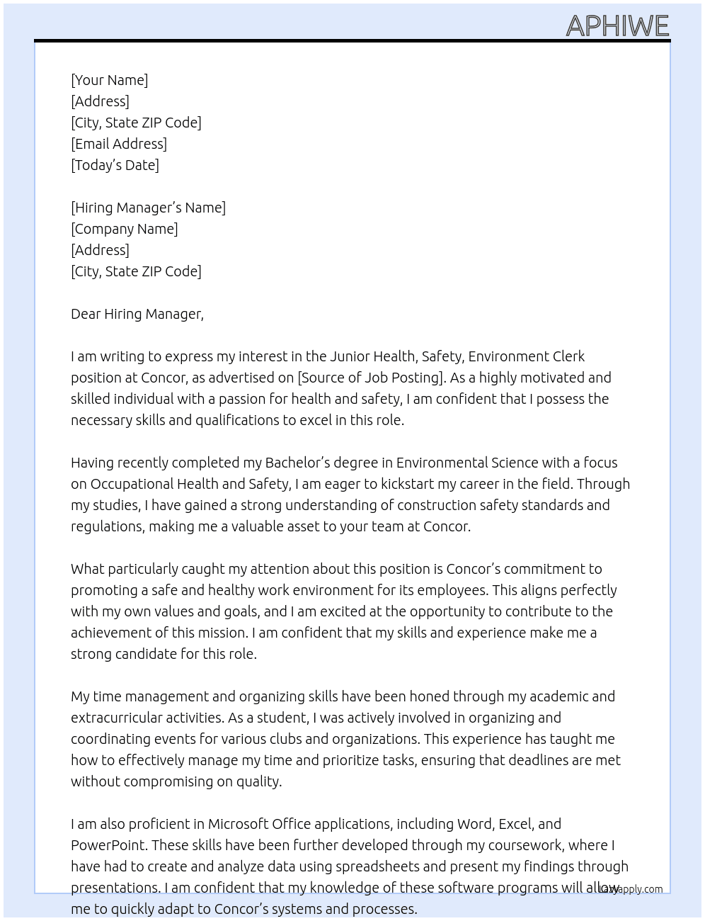 Junior Health, Safety, Environment Clerk At Concor Cover Letter
