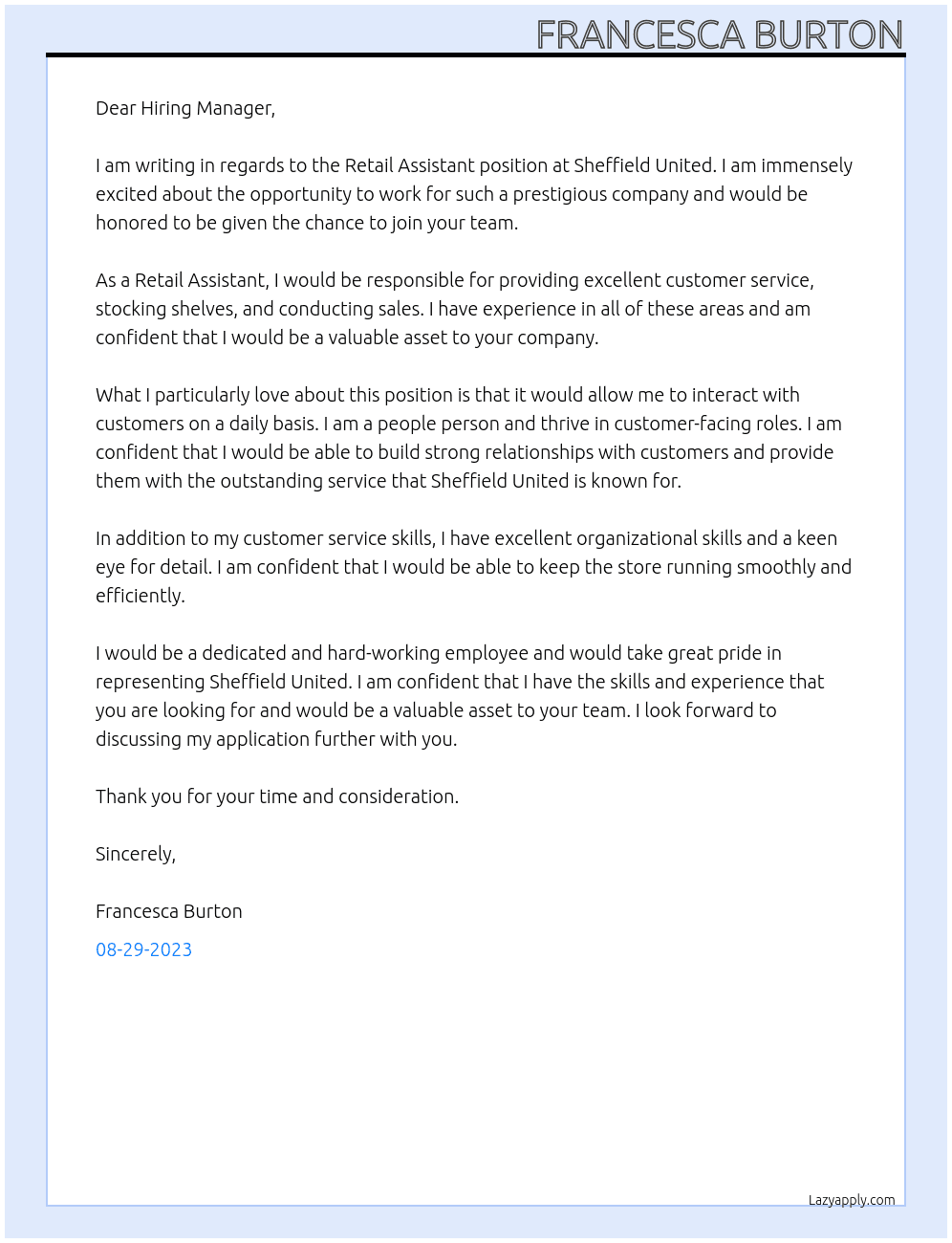 Retail Assistant At Sheffield United Cover Letter