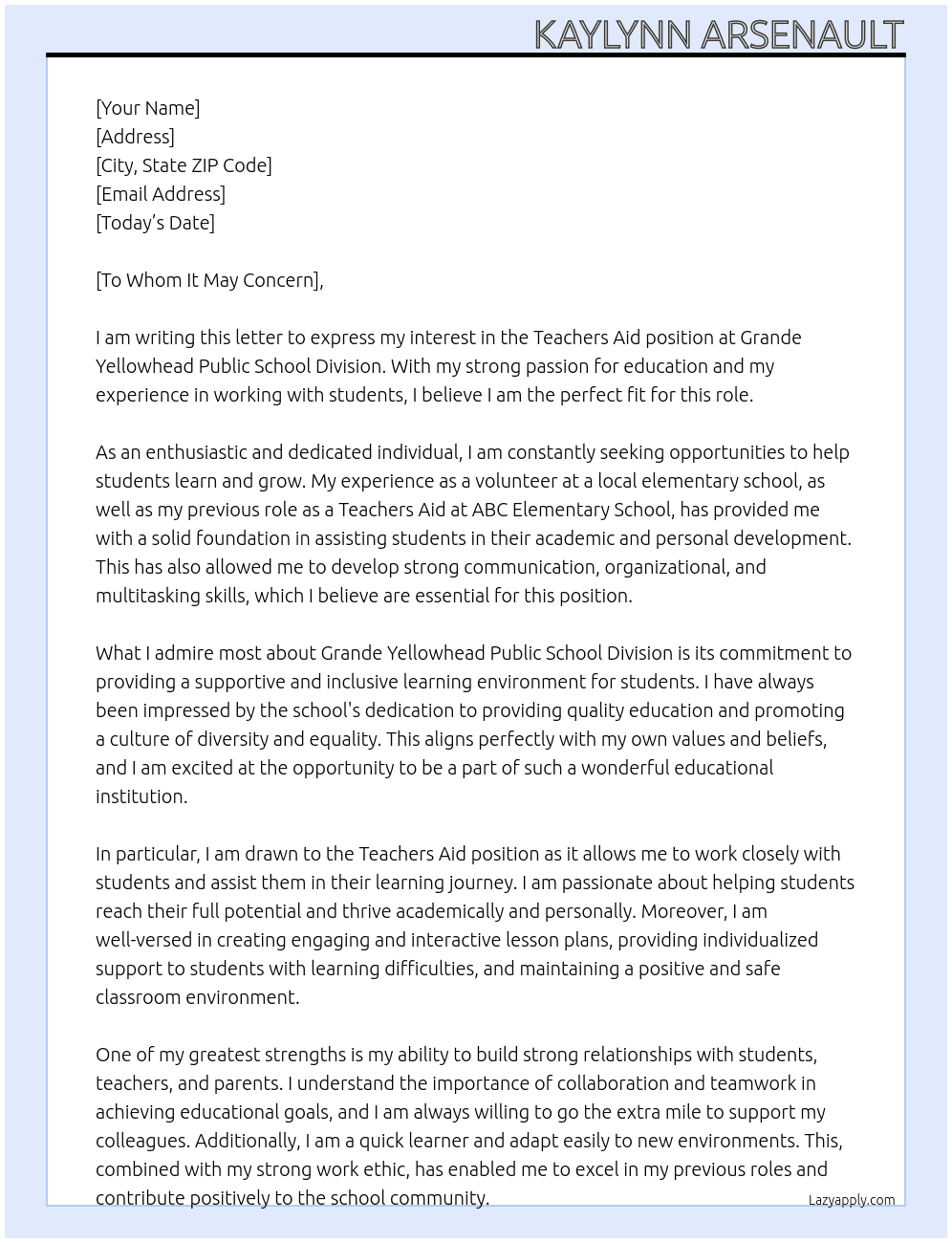 Teachers Aid At Grande Yellowhead Public School Division Cover Letter