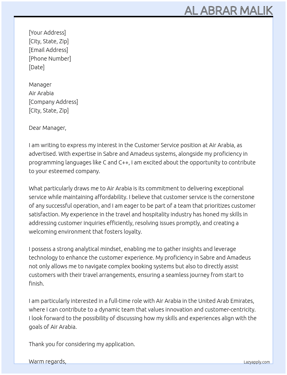 Customer service At Air Arabia Cover Letter