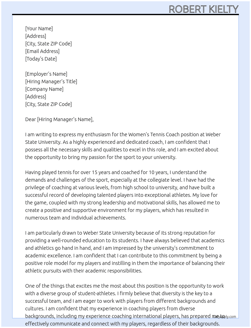 Women’s Tennis Coach At Weber State University  Cover Letter