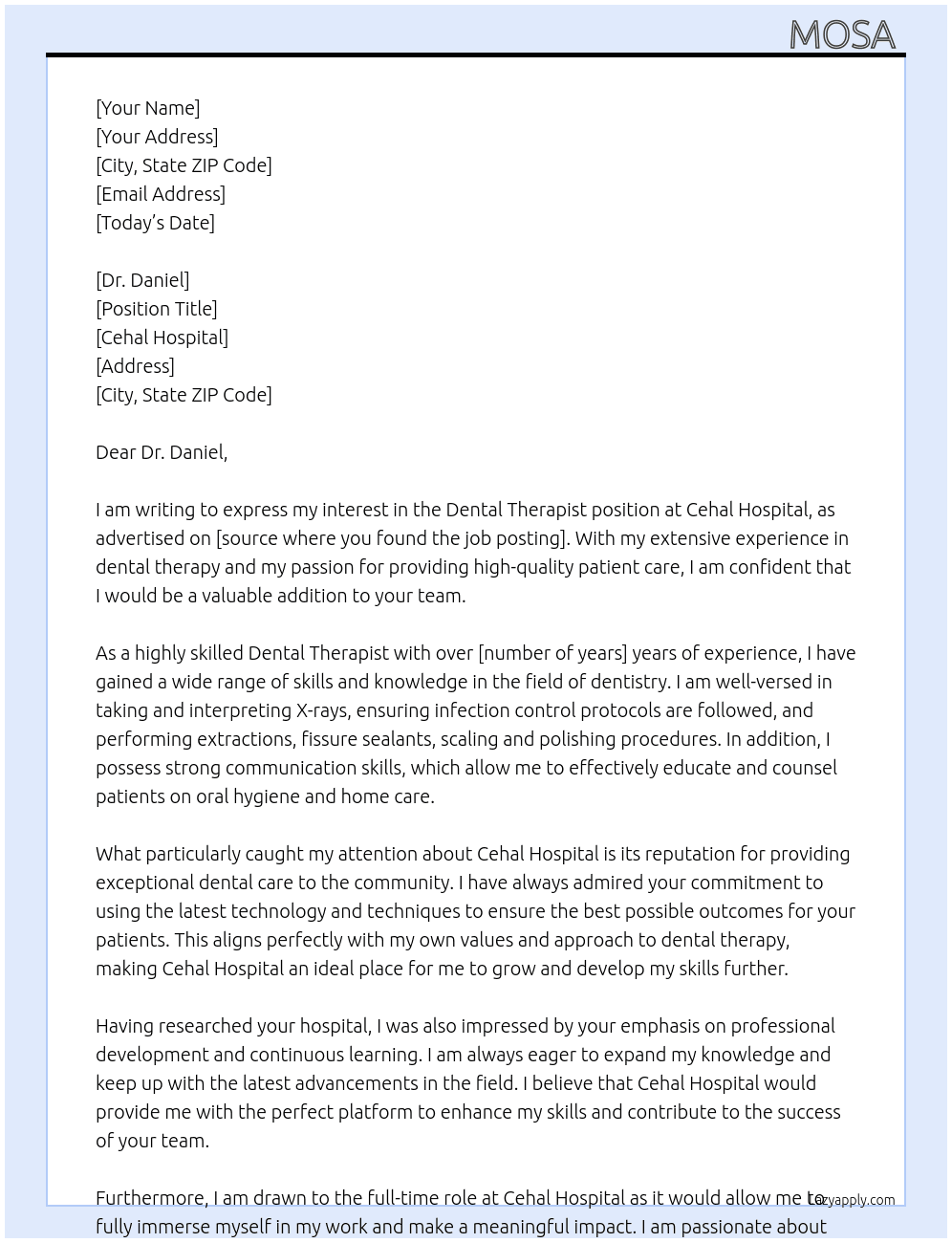 Dental Therapist  At Cehal Hospital  Cover Letter