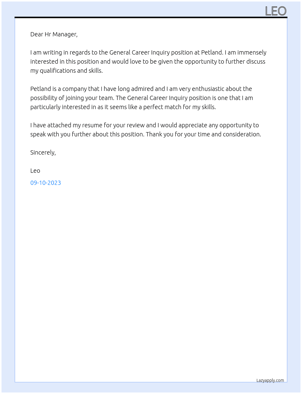 General Career Inquiry At Petland Cover Letter