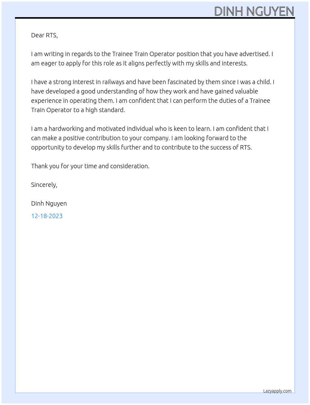Trainee train operator At RTS Cover Letter