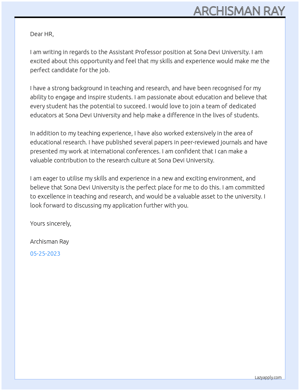 Assistant Professor At Sona Devi University Cover Letter