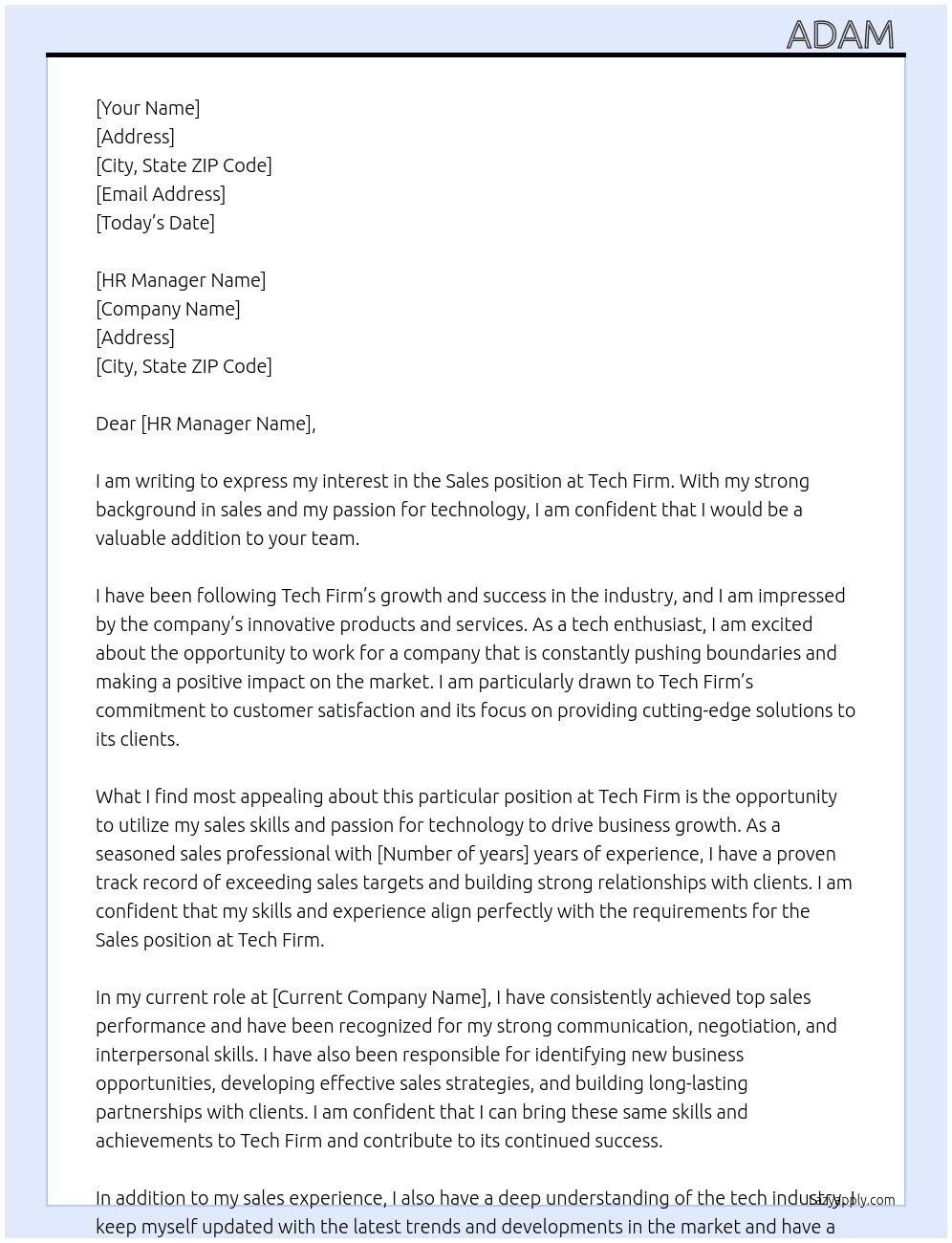 Sales At Tech Firm Cover Letter