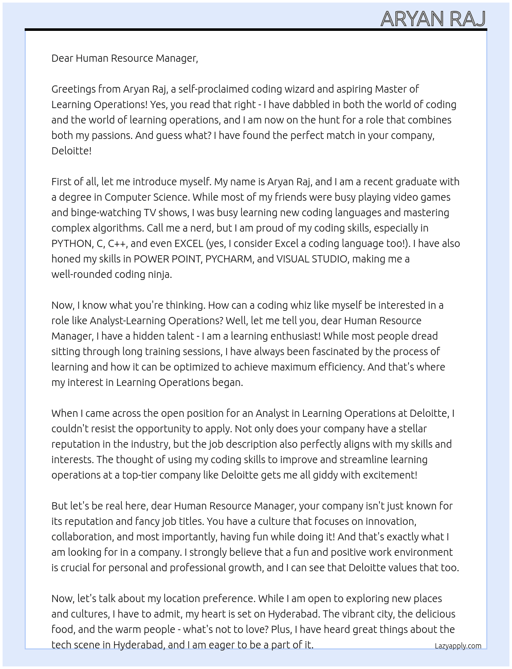 Cover letter for analyst- learning operations - LazyApply