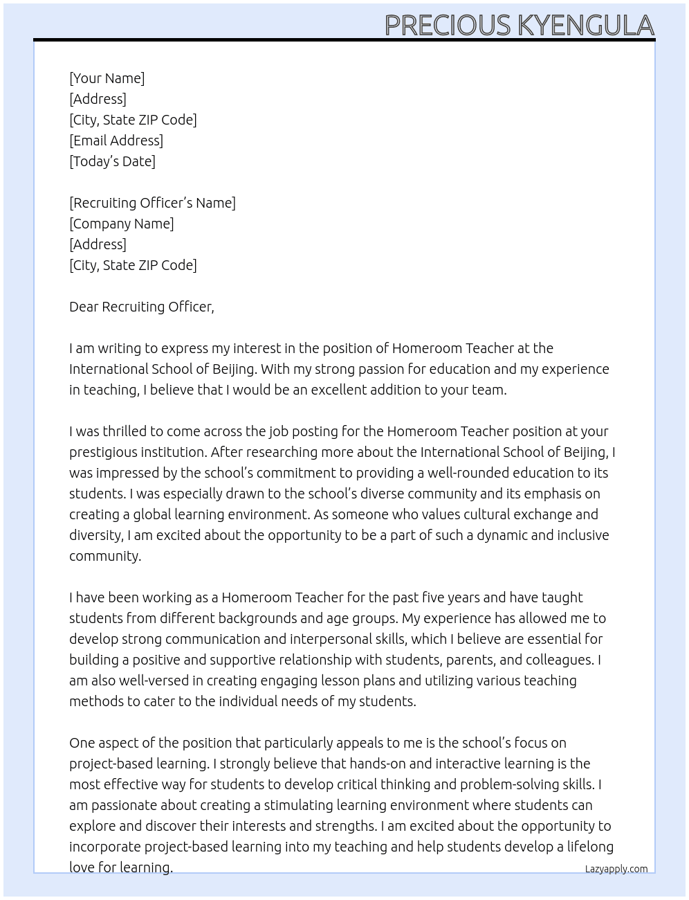Homeroom Teacher At international school of Beijing  Cover Letter