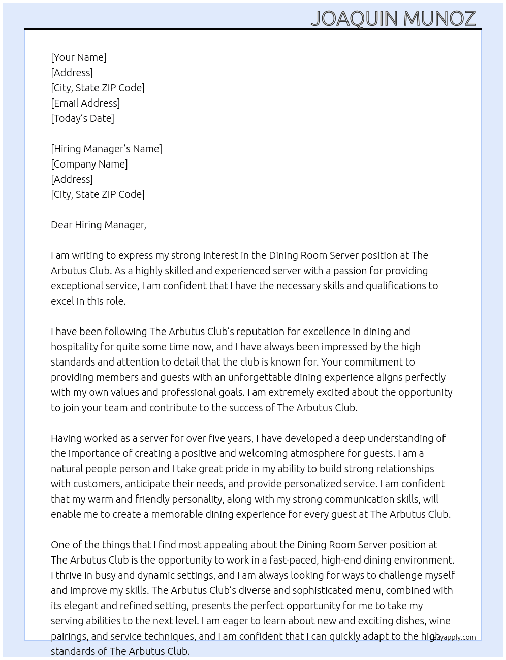 Dining Room Server At The Arbutus Club Cover Letter