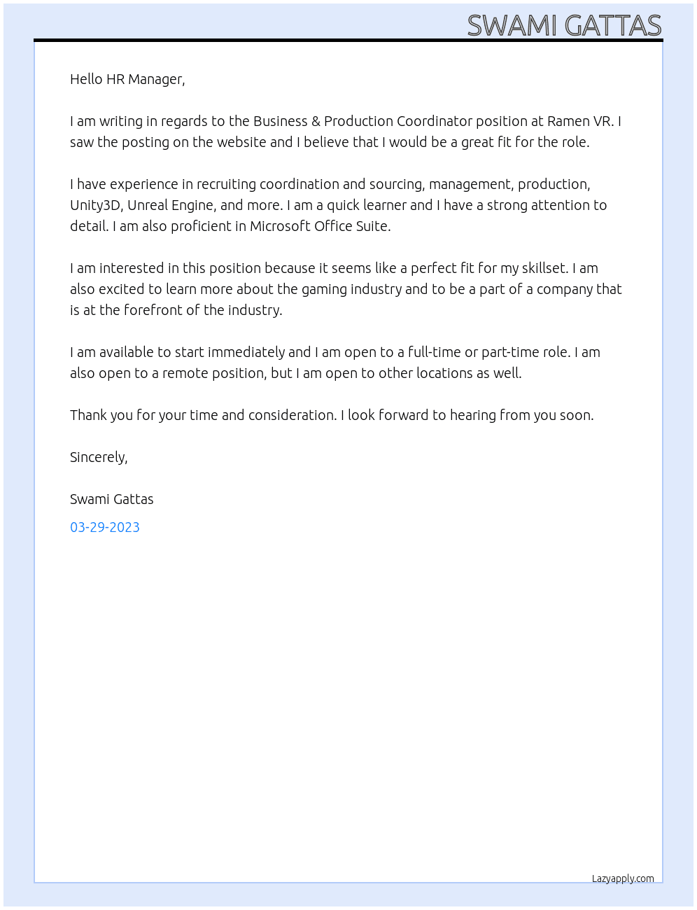 Business & Production Coordinator At Ramen VR Cover Letter