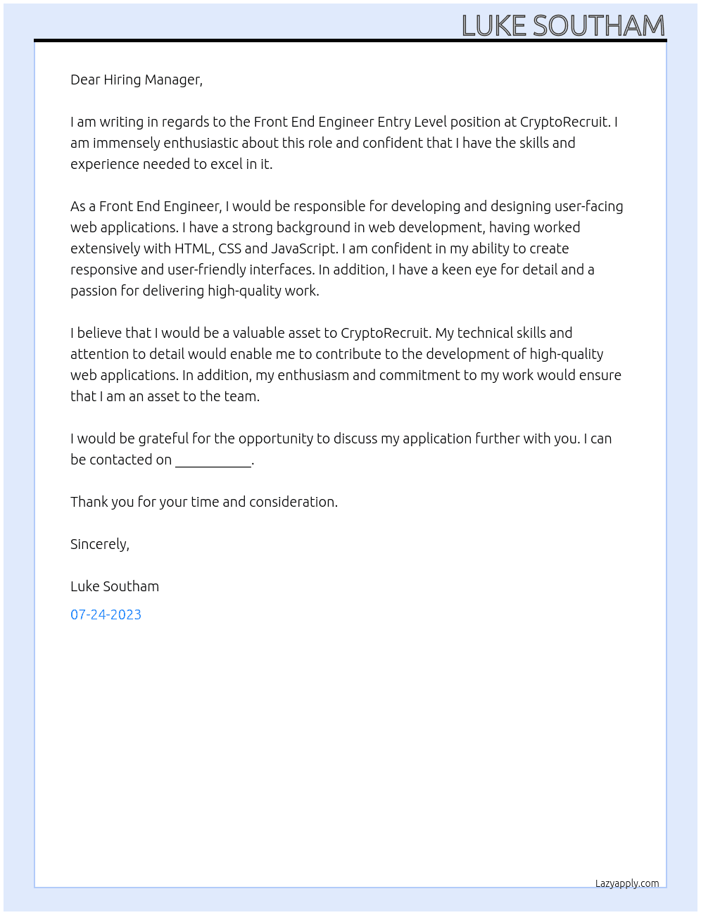 Front End Engineer Entry Level At CryptoRecruit Cover Letter