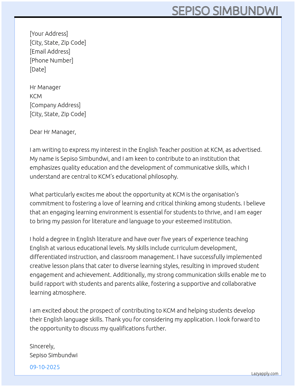 English teacher  At KCM Cover Letter