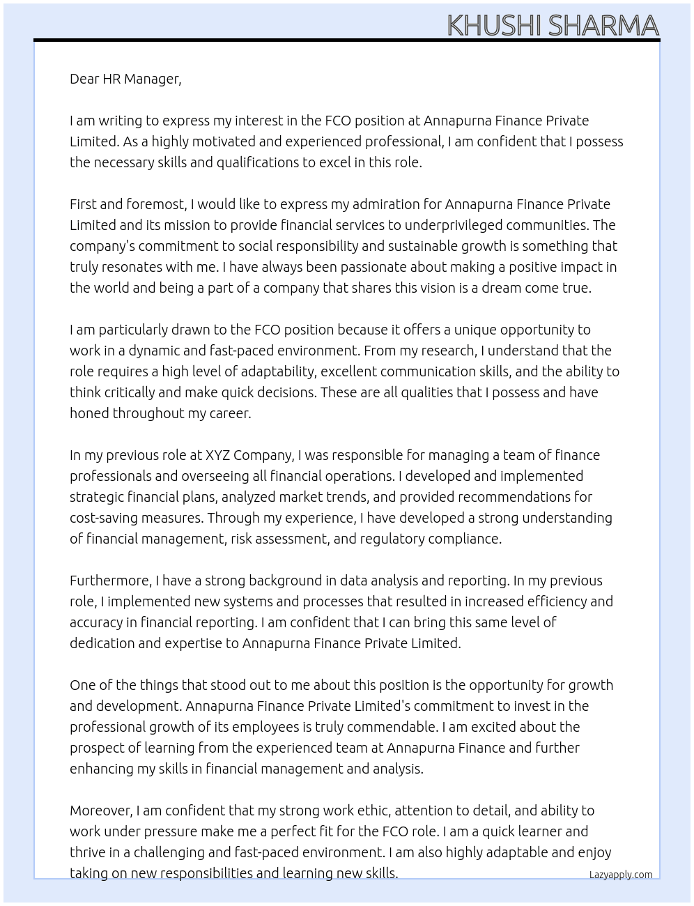 FCO At Annapurna finance private limited  Cover Letter