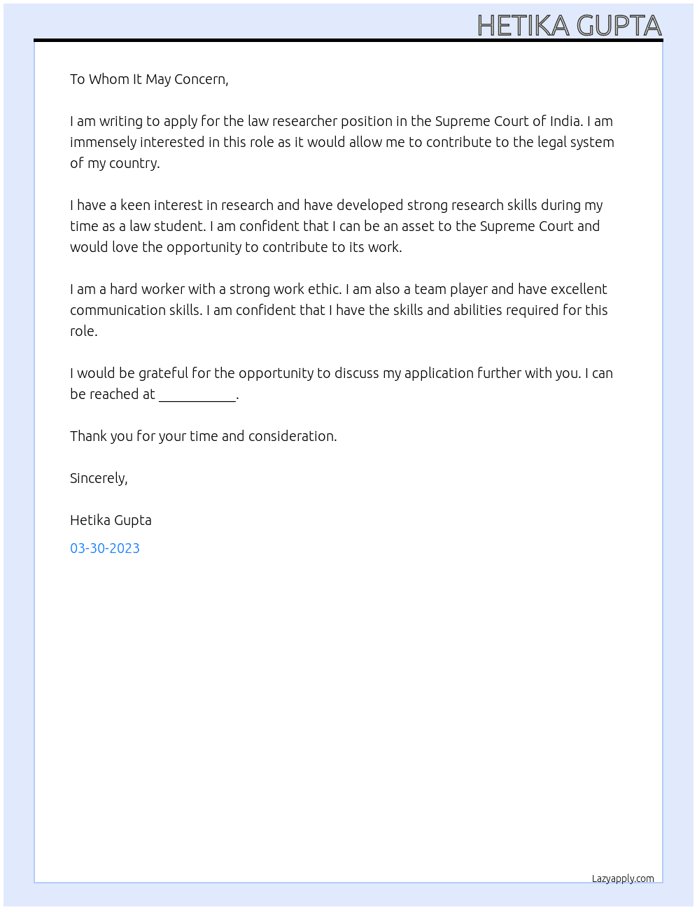 cover letter for the Application for Law Researcher in Supreme Court At Supreme Court of India Cover Letter