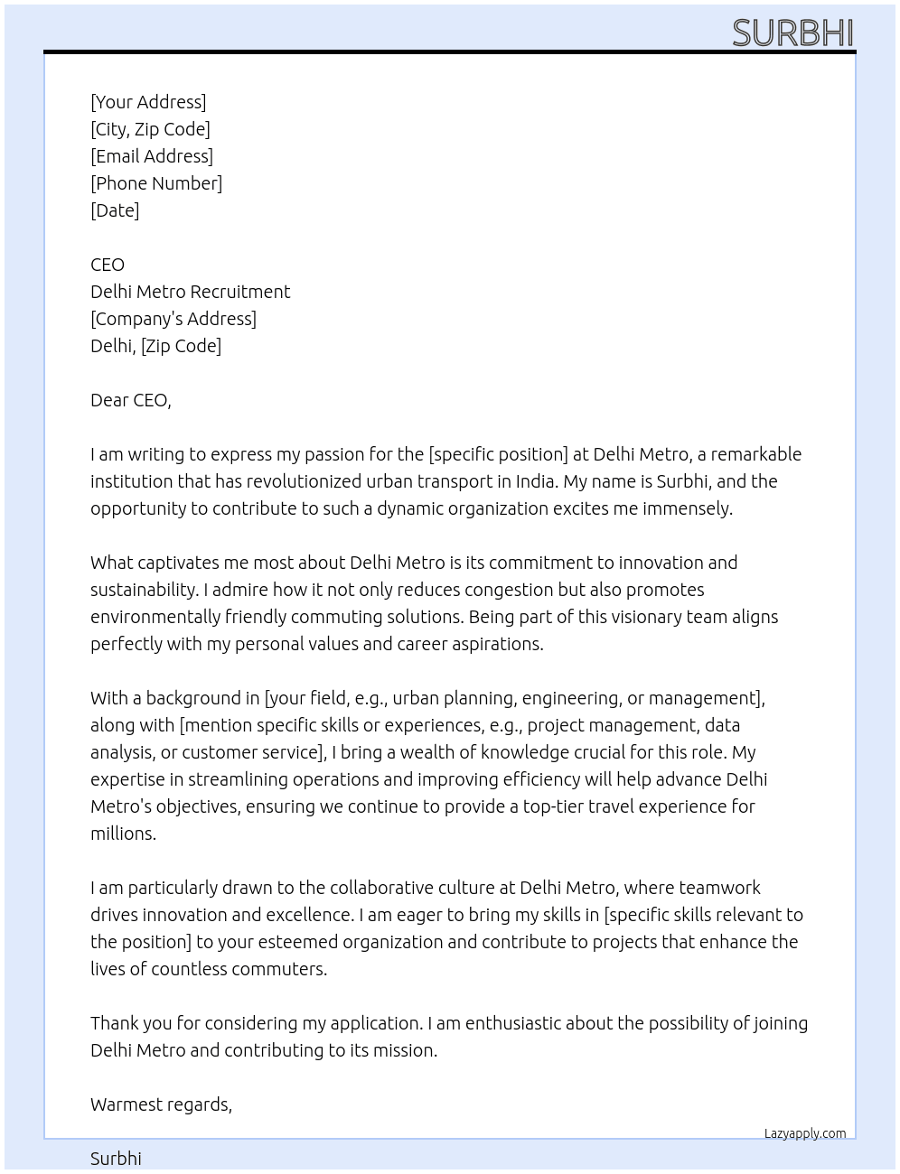 Delhi metro  At Delhi metro recruitment  Cover Letter
