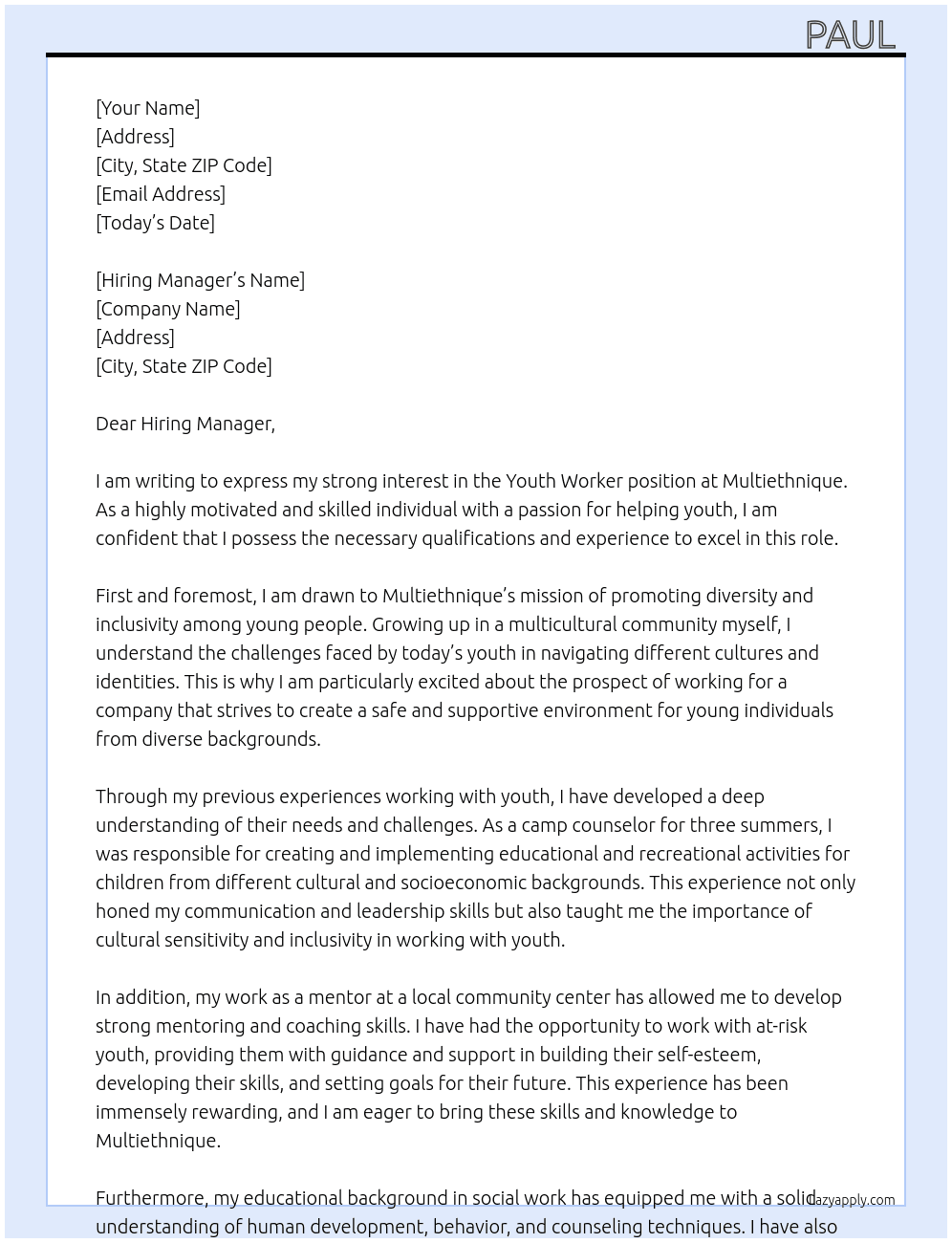 youth worker  At Multiethnique  Cover Letter