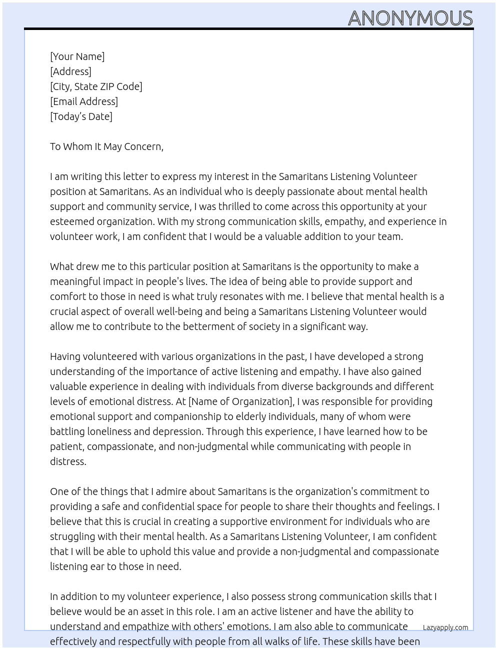 Samaritans Listening Volunteer  At Samaritans  Cover Letter