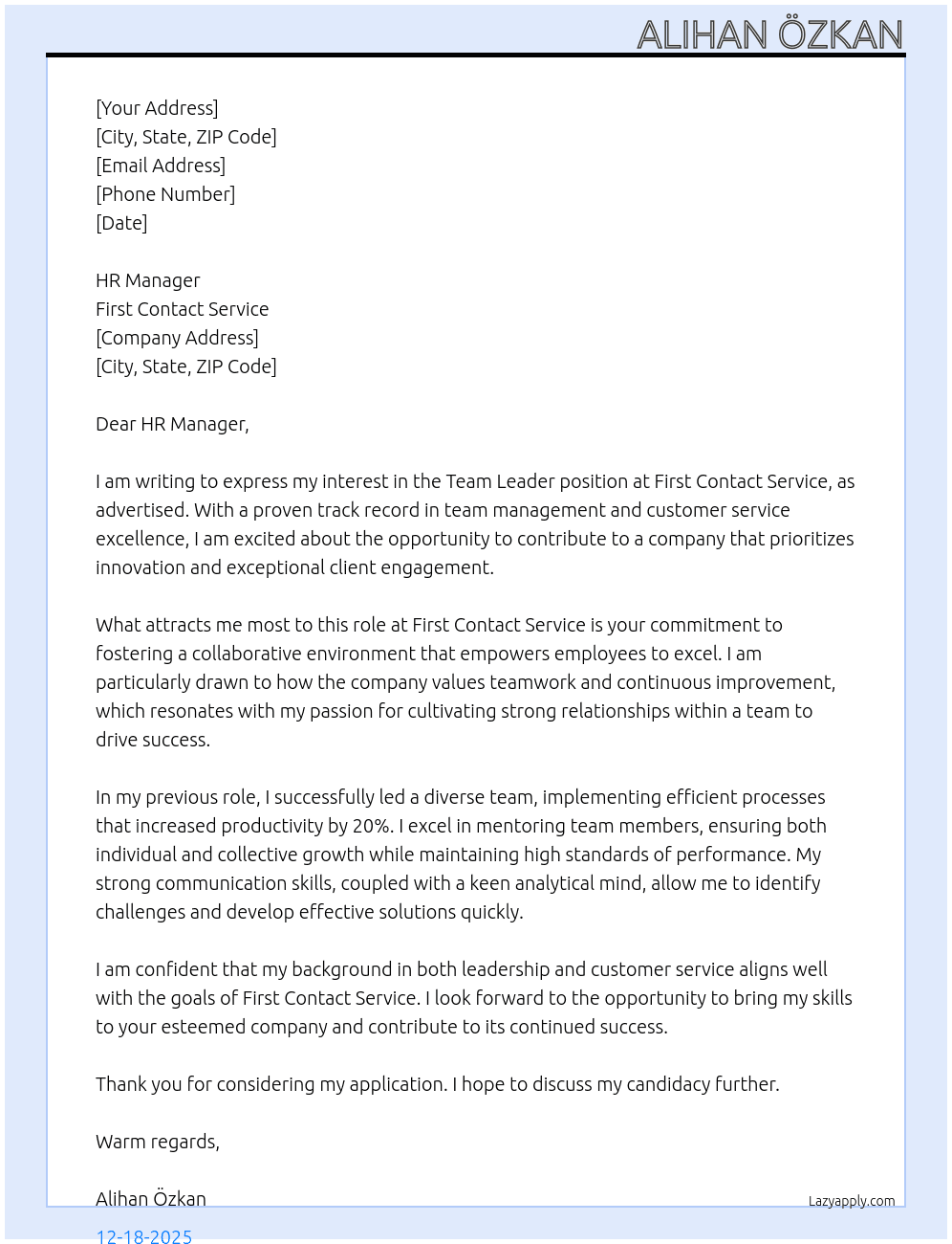 Team Leader At First Contact Service Cover Letter