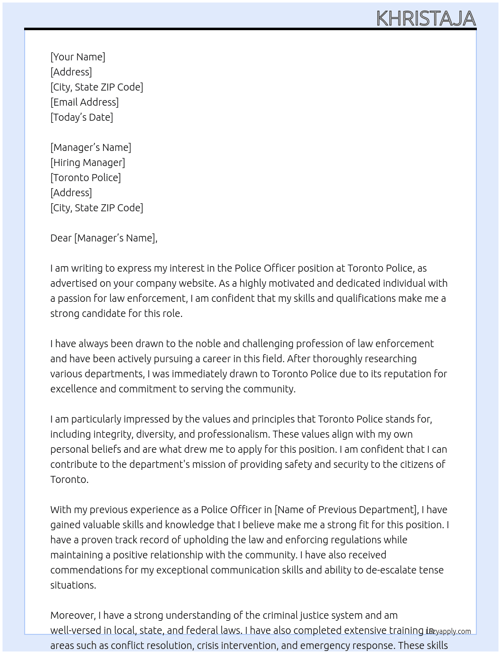 Police Officer  At Toronto Police Cover Letter