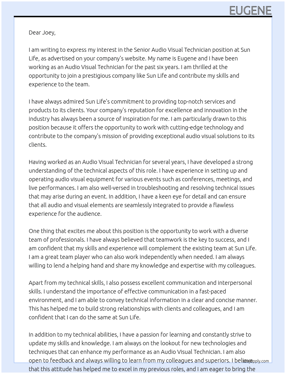 Senior Audio Visual Technician At Sun Life Cover Letter