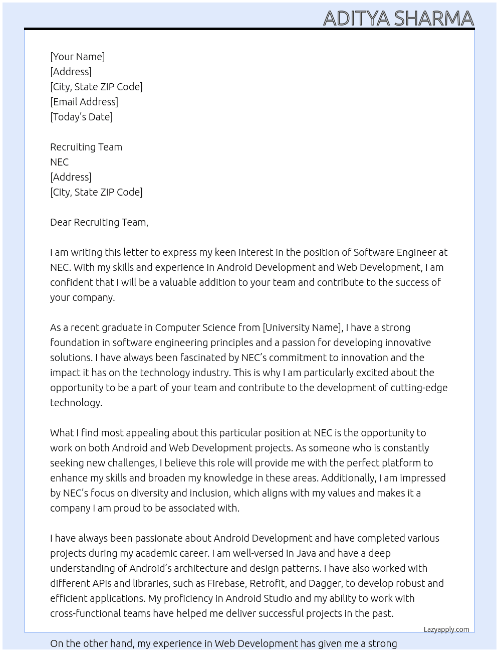 Software Engineer At NEC Cover Letter