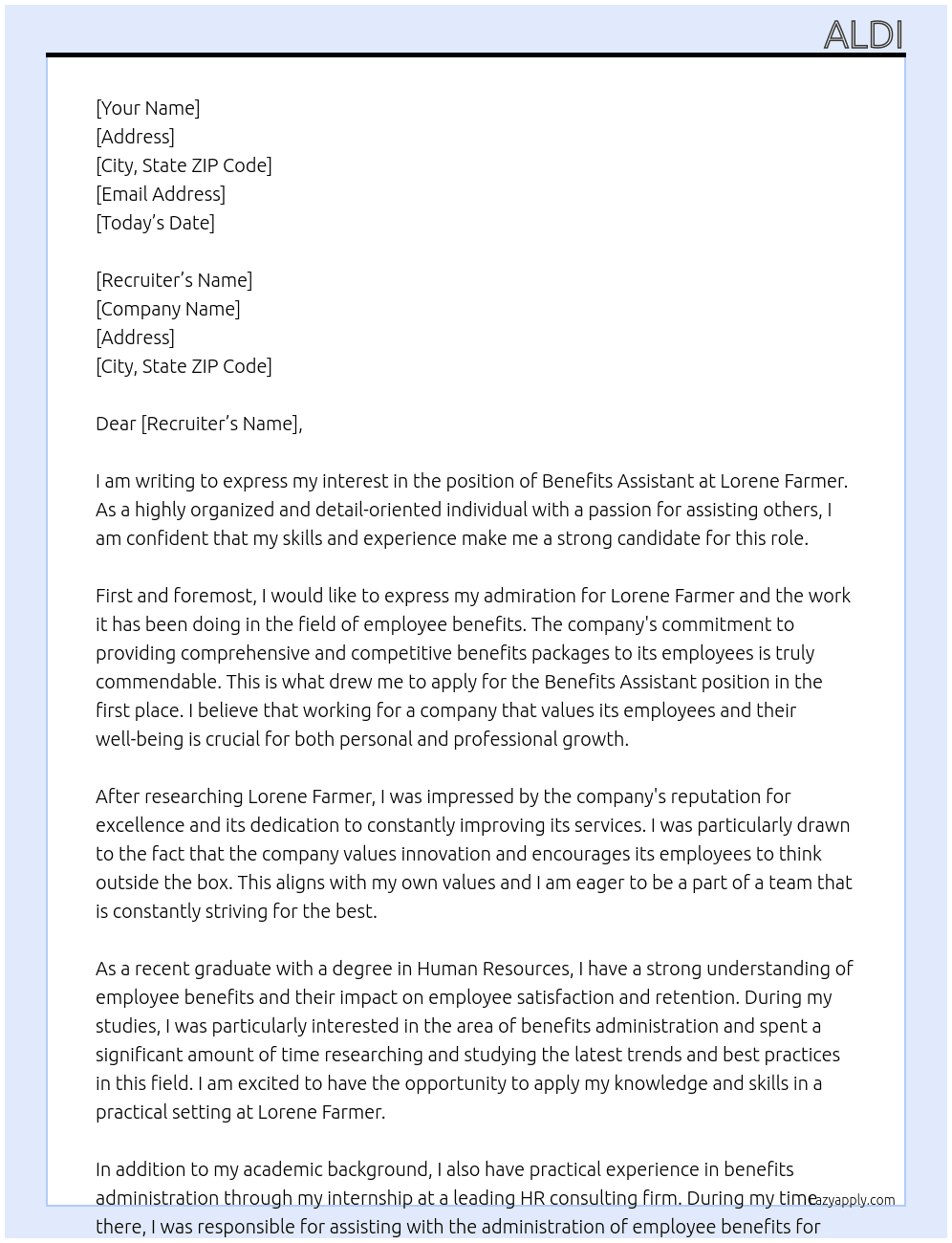 Benefits Assistant At Lorene Farmer Cover Letter