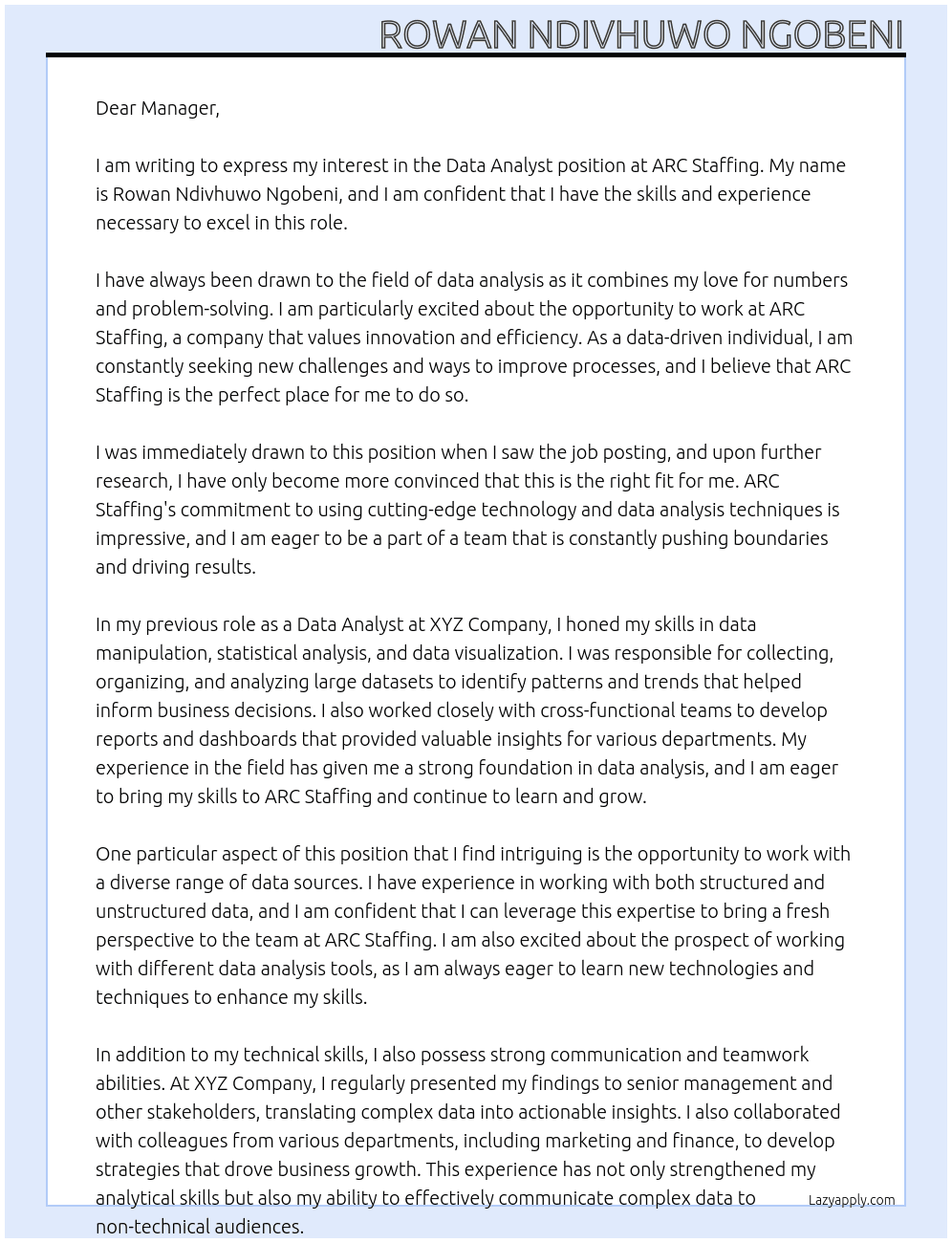Data Analyst At ARC Staffing Cover Letter