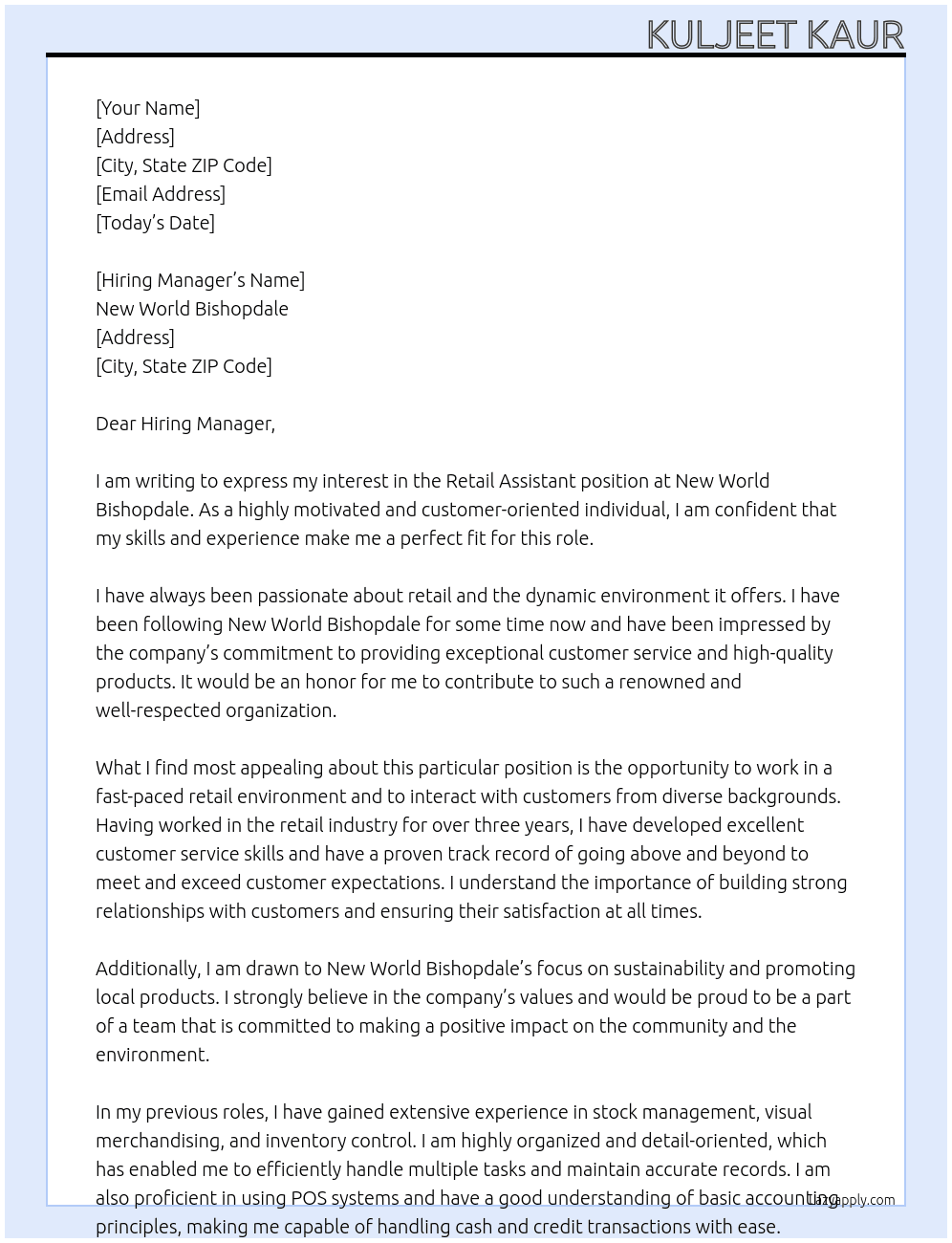 Retail Assistant At New World Bishopdale Cover Letter