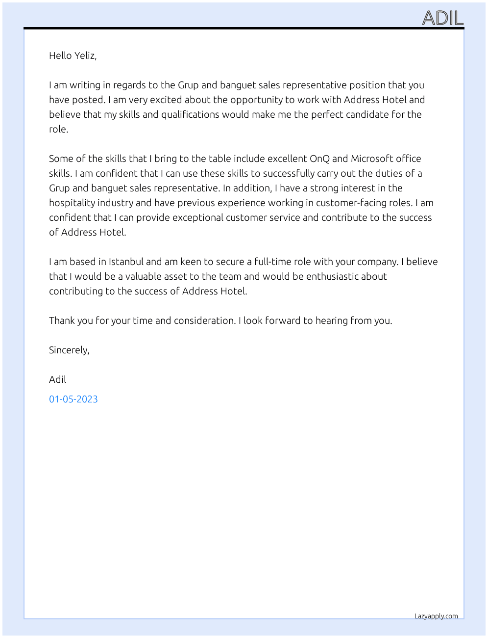 Grup and banguet sales representative At Address Hotel Cover Letter