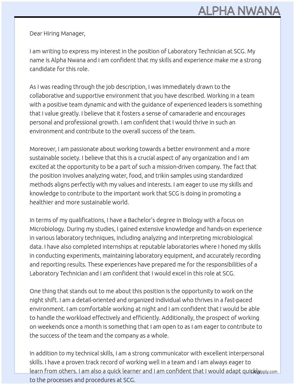 Laboratory technician  At SCG  Cover Letter