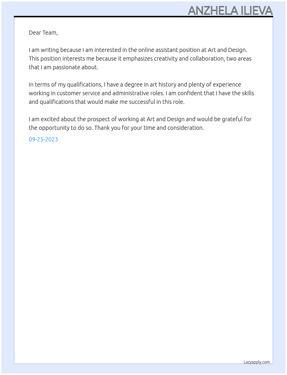 Online assistant  At Art and Design  Cover Letter
