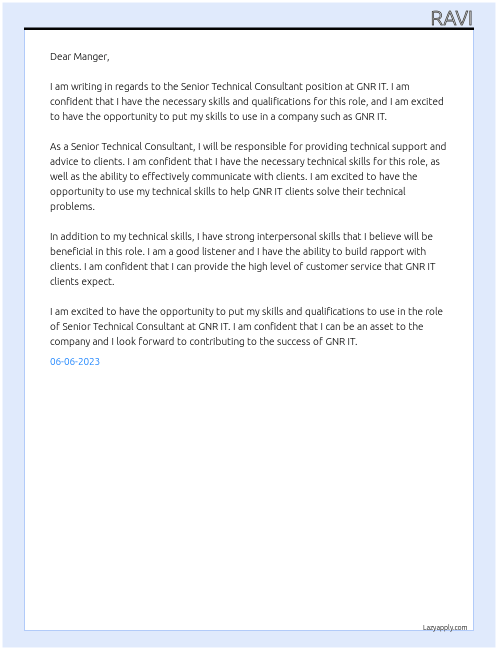 Senior Technical Consultant  At GNR IT  Cover Letter