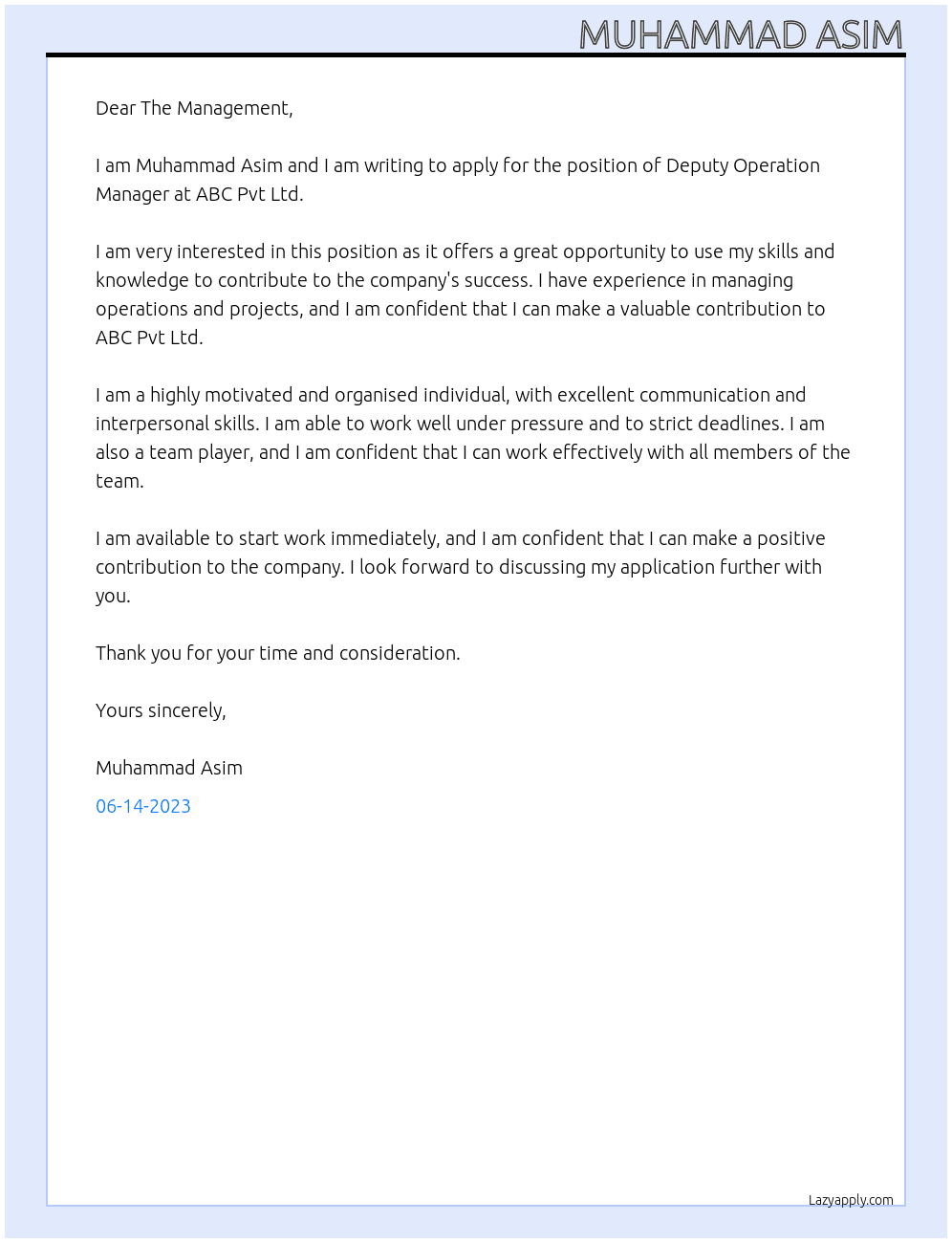 Deputy Operation Manager At ABC Pvt Ltd Cover Letter