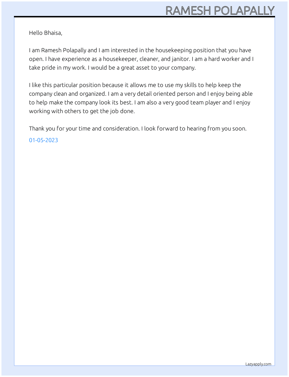 House keeping At Bhaisa Cover Letter