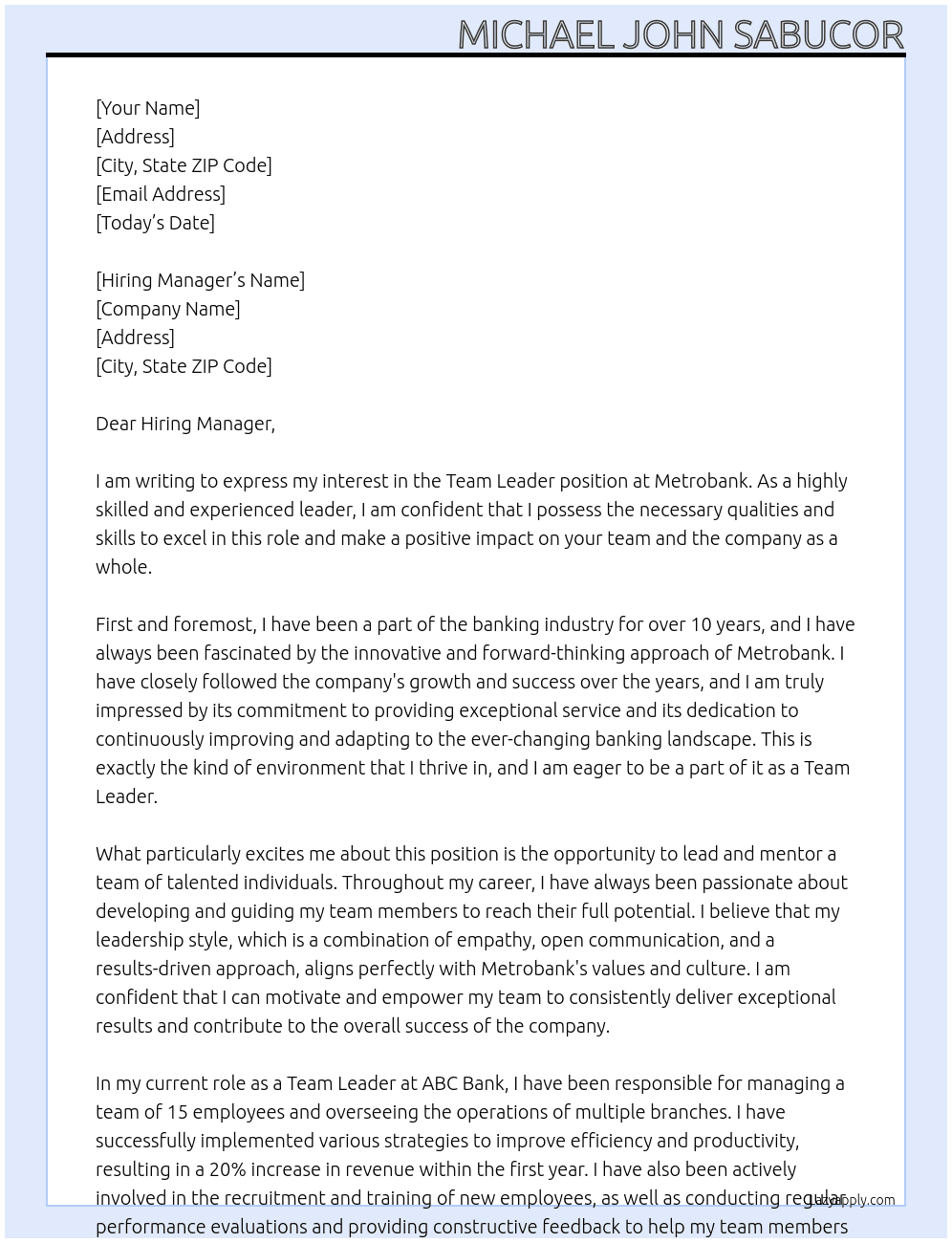 Team Leader At Metrobank Cover Letter