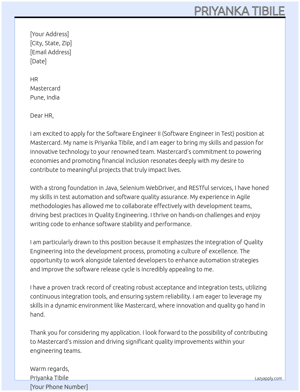 Software Engineer II (Software Engineer in Test ) At Mastercard Cover Letter