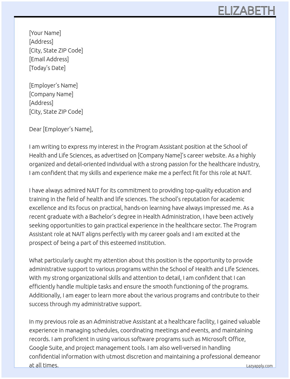 Program Assistant (Administrative Support) At NAIT Cover Letter