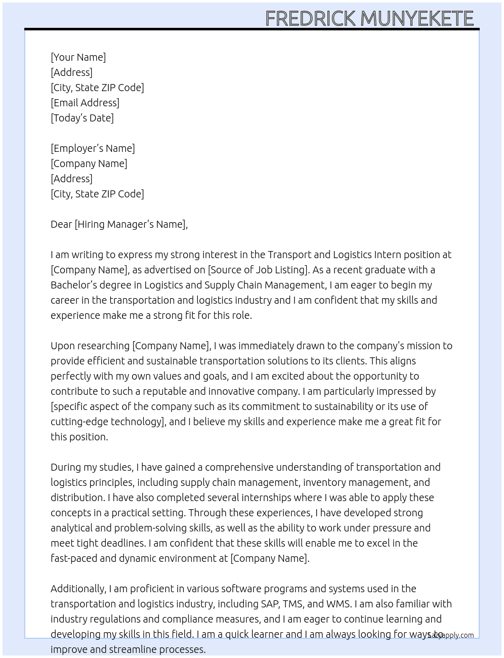 Transport and logistics intern At Graduate trainee Cover Letter