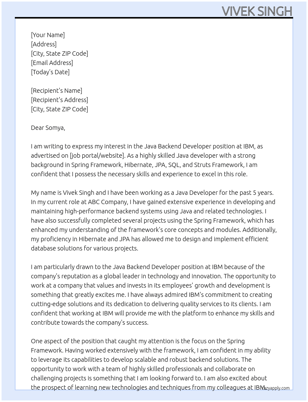 Java Backend Developer At IBM Cover Letter