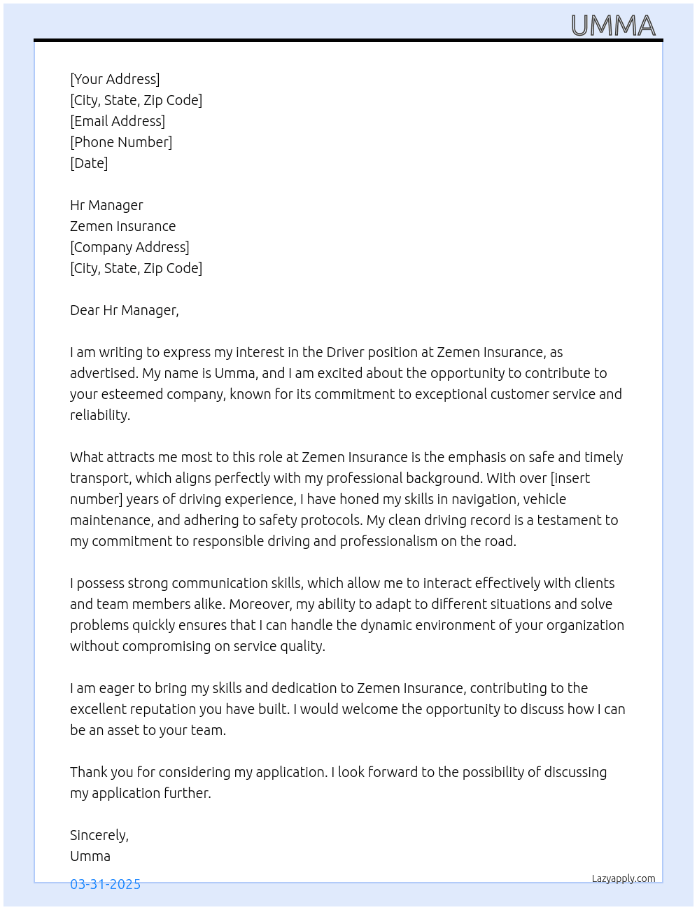 Driver  At zemen insurance Cover Letter