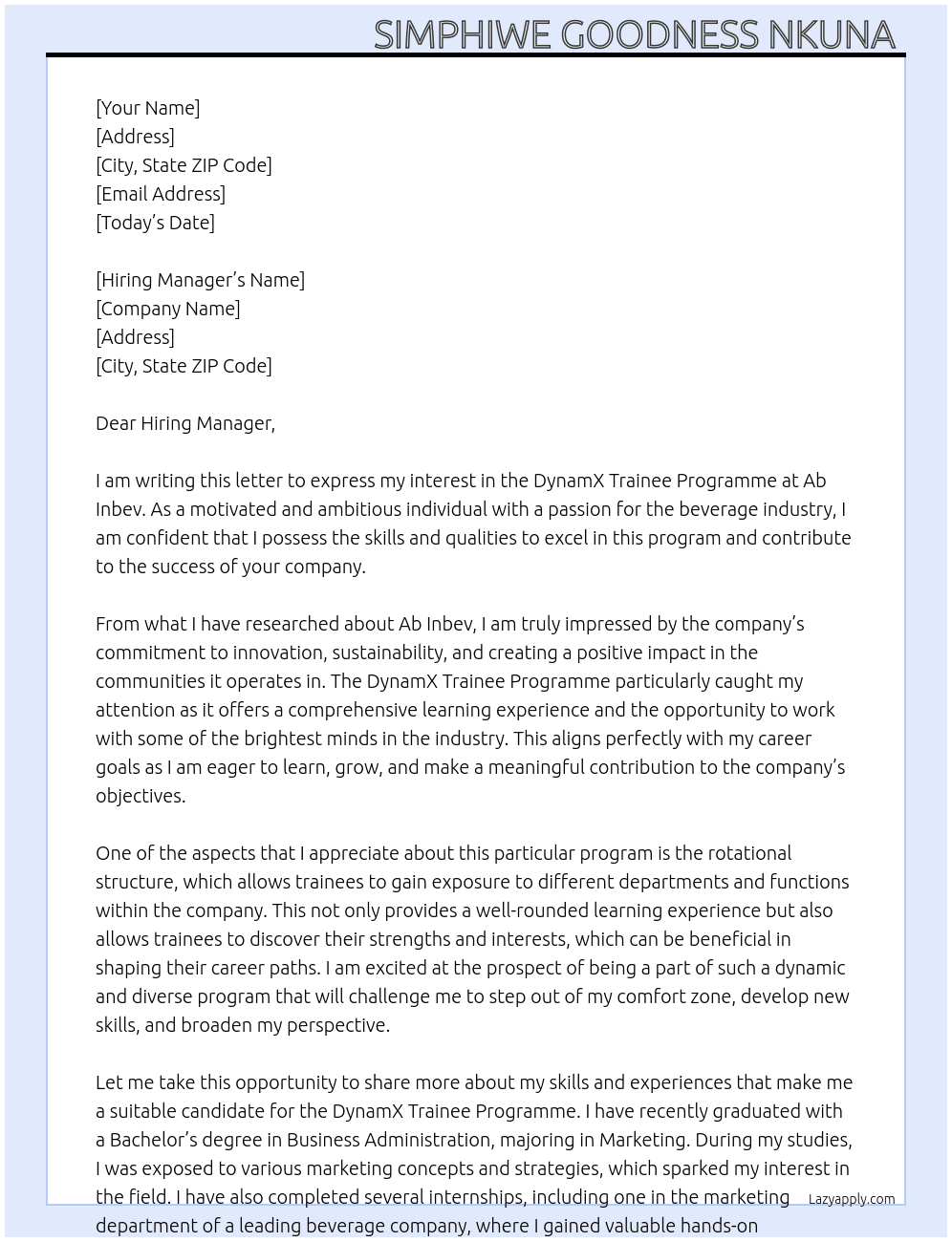 DynamX Trainee Programme At Ab Inbev Cover Letter