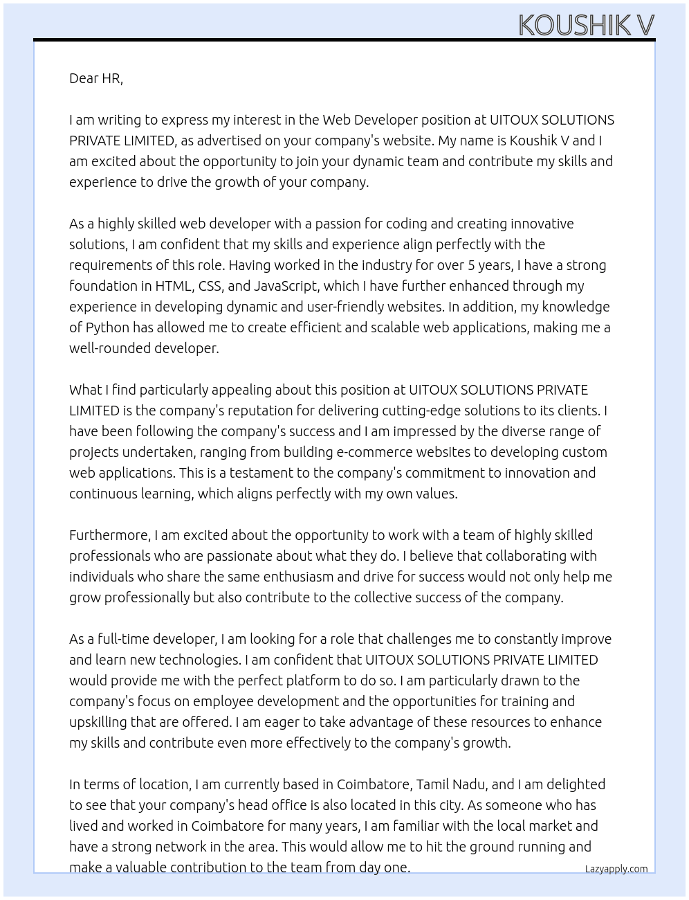 Web developer  At UITOUX SOLUTIONS PRIVATE LIMITED Cover Letter