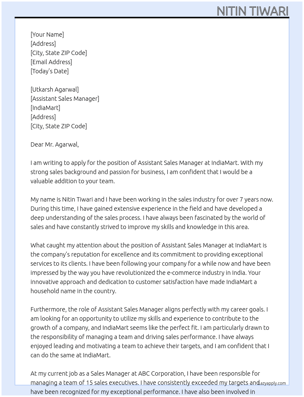 Assistant sales manager At IndiaMart Cover Letter