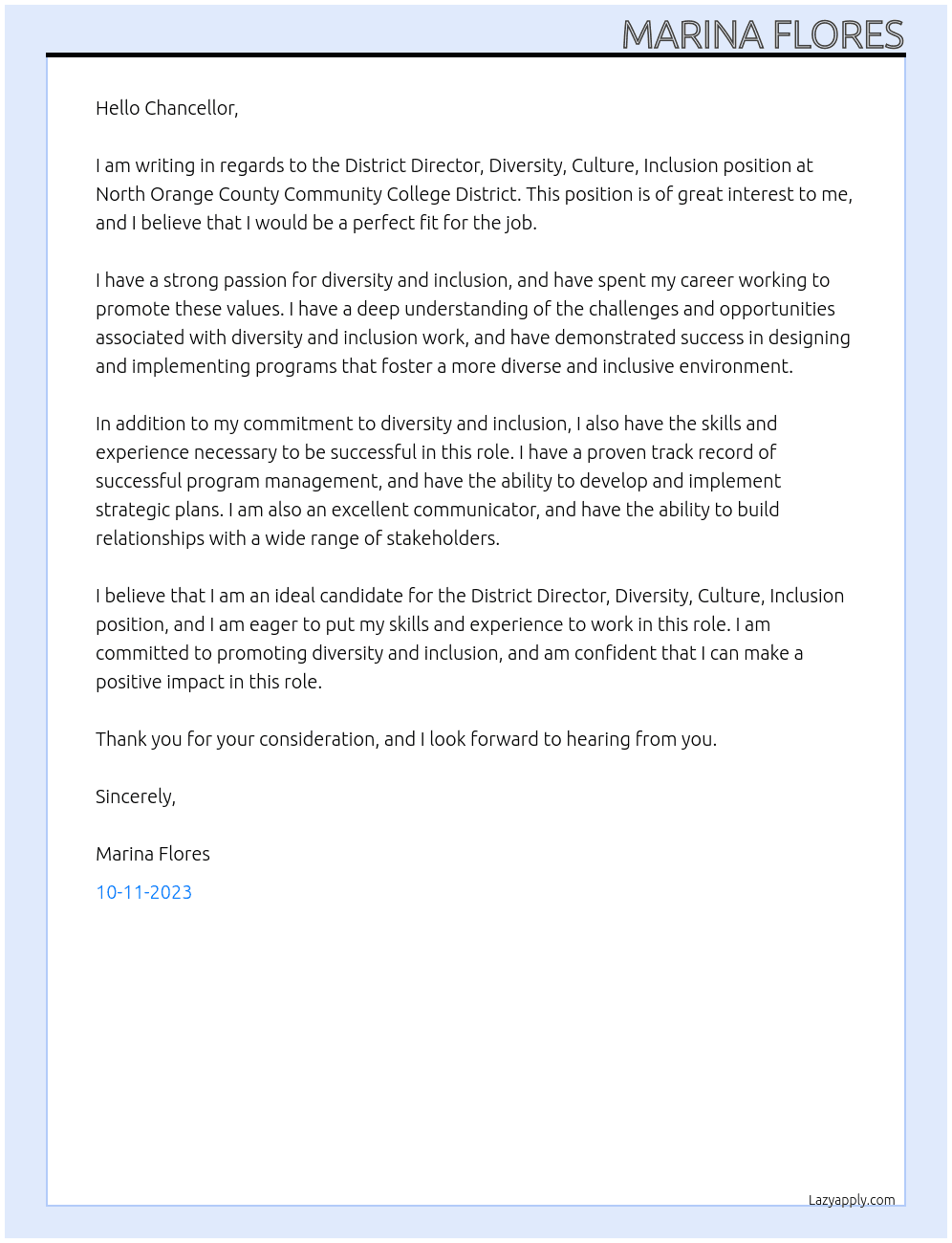 District Director, Diversity, Culture, Inclusion At North Orange County Community College District Cover Letter