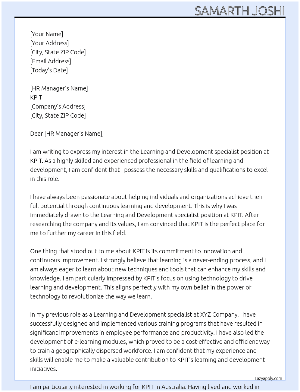 Learning and Development specialist At KPIT Cover Letter