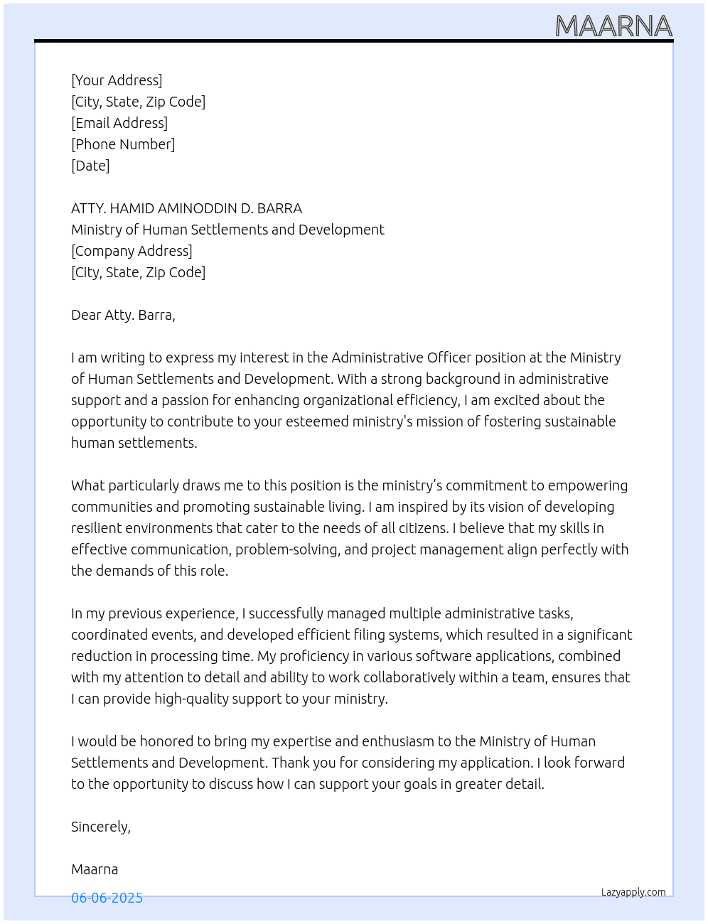 Administrative officer At Ministry of Human Settlements and Development Cover Letter