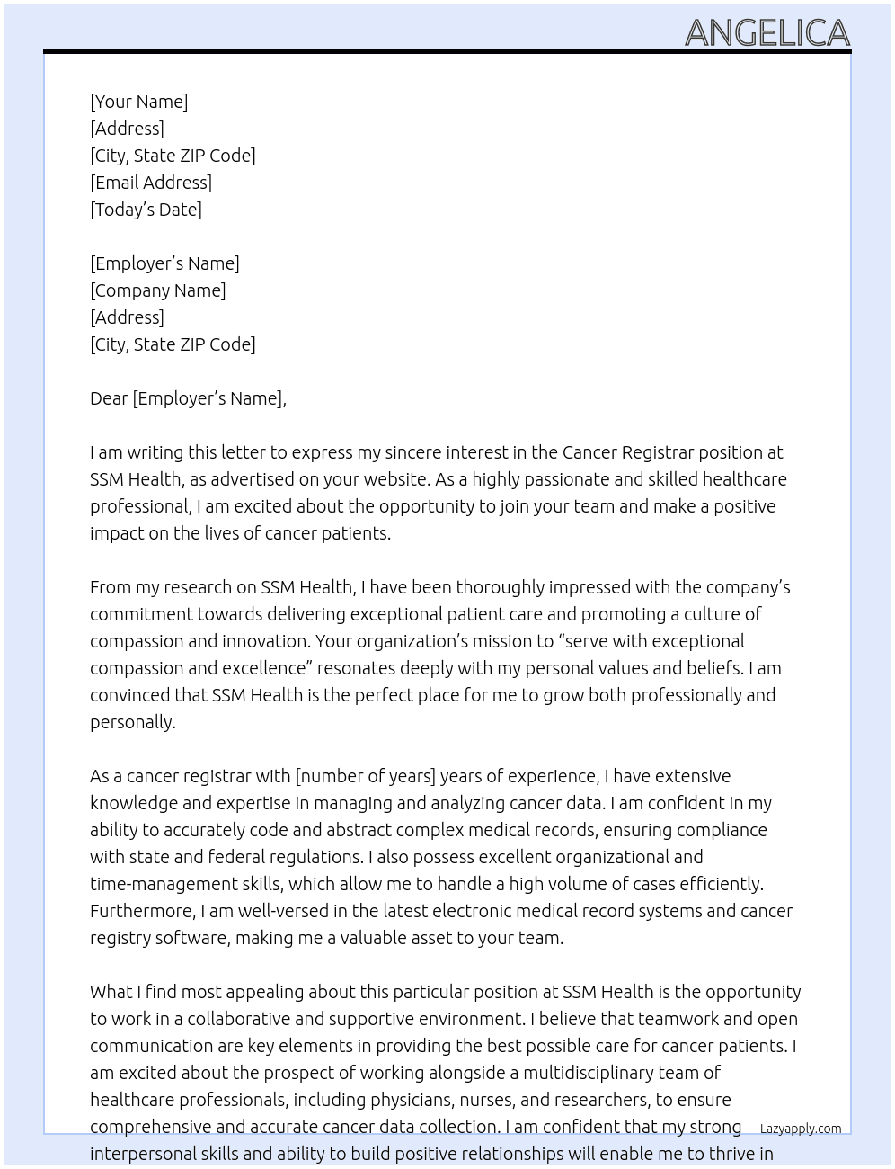 cancer registrar At ssm health Cover Letter