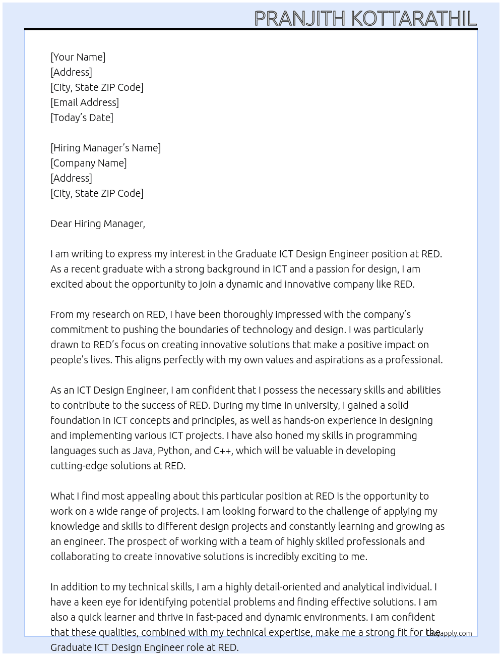 Graduate ICT Design Engineer  At RED Cover Letter
