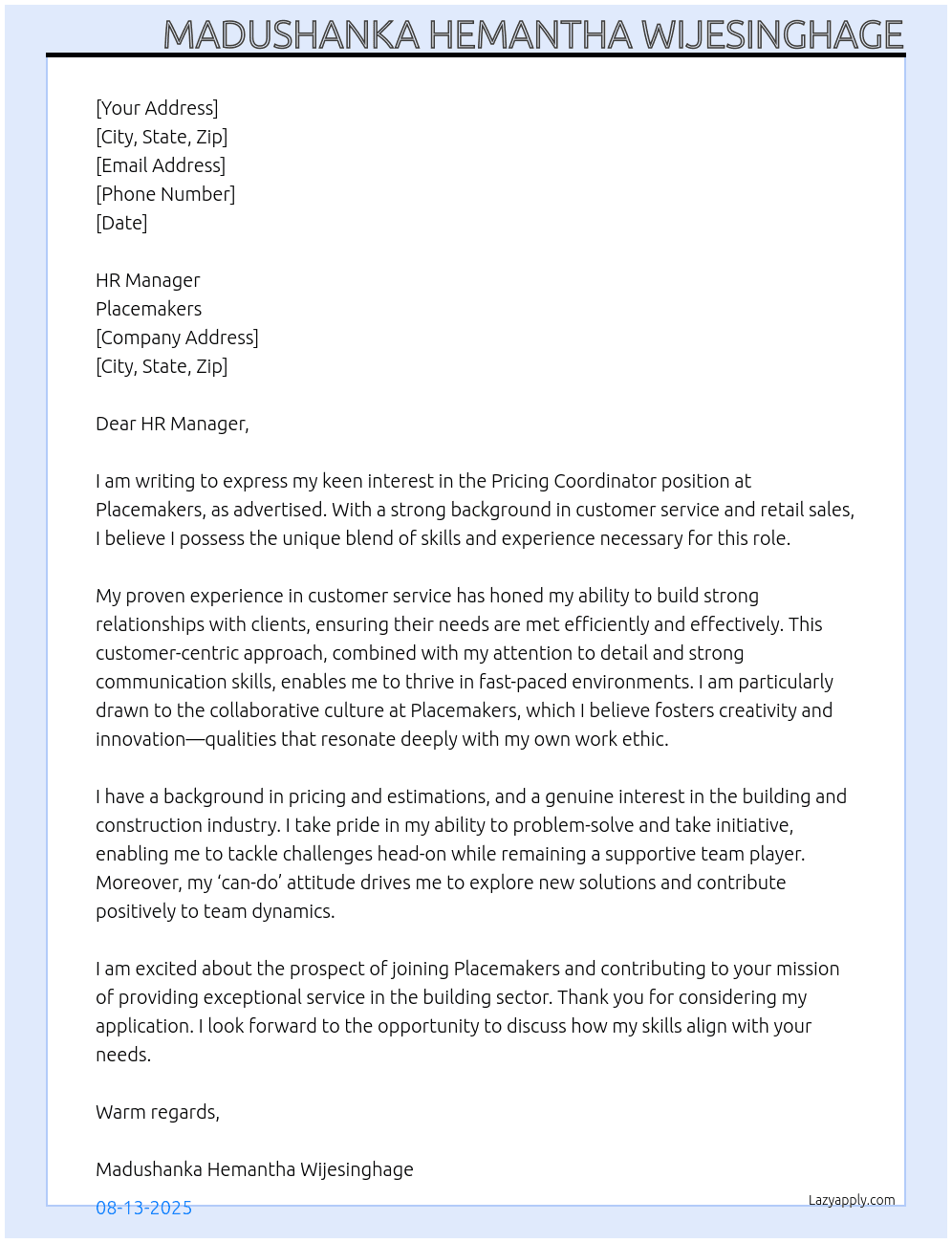 Pricing Coordinator At Placemakers Cover Letter